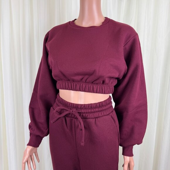 Zenana 2 Pcs Crop Sweatshirt Tracksuit High Waist Jogger Set Active Burgundy - Picture 7 of 10